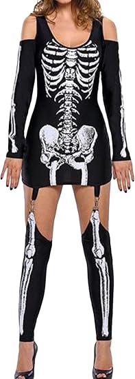 Sujhwsx Women Skeleton Costumes Cold Shoulder Long Sleeve Scoop Neck Skull Printed Dress Sexy Outfits with Stockings - sugar skull dress