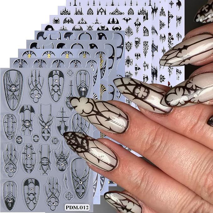 Gothic Nail Stickers Witchy Decals 12PCS Dark Black Goth Nail Art Stickers 3D Self-Adhesive Totem Punk Belt Nails Designs DIY Bat Holiday Nail Supplies French for Acrylic Manicure Decoration - skull sticker