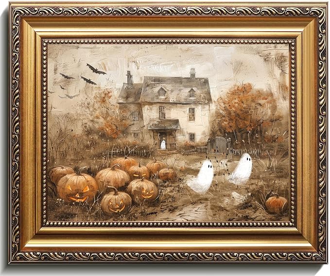 uniro Vintage Gold Framed Wall Art, Vintage Cute Ghosts Haunted Halloween Painting, Spooky Pumpkin Patch Halloween Wall Art Prints Ghost Decor, Farmhouse Ghost Posters Country Cottage Fall Decor for Living Room, Bedroom, Bathroom, halloween Room decor- 9x12Inch - skull wall art