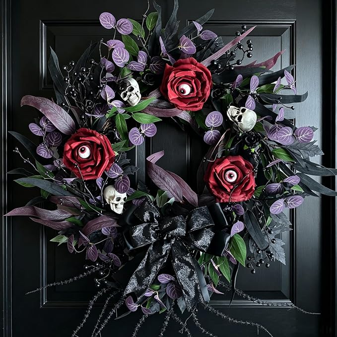 22 Inch Halloween Wreath with Black Roses Skeleton and Eye Balls for Front Door, Gothic Halloween Floral Wreath with Black Bow for Indoor Outdoor - skull wreath