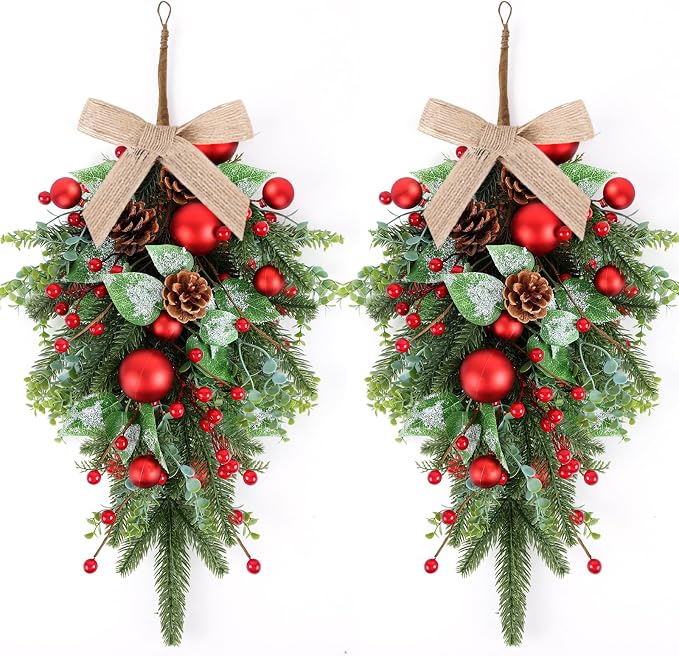 24" Christmas Wreaths for Front Door 2 PCS Christmas Teardrop Swag Winter Wreath with Red Ball Red Berry Pine Needles for Indoor Outdoor Farmhouse Home Wall Window Festival Wedding Decor - skull wreath
