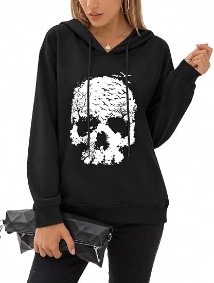 Womens Casual Hoodies Long Sleeve Sweatshirt Drawstring Hooded Pullover Top - skull sweatshirts
