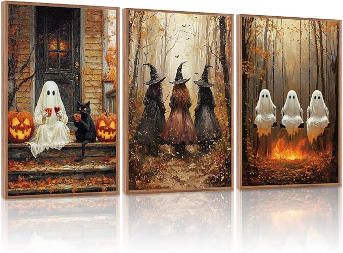 HLNIUC Framed Halloween Canvas Wall Art,Dark Witch Crow Raven Prints,Black Cat Decor,Horror Gothic Ghost Pictures Set of 3 (16″X24″) Scary Pumpkin Wall Decor for Party Living Room Bedroom Decoration