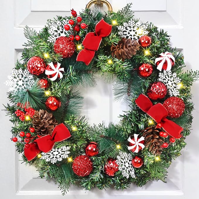 Christmas Wreaths for Front Door - 18'' Christmas Wreath with Lights Bow Berries Cones Pine Needles, Christmas Door Wreath for Home Door Wall Party Christmas Decorations - skull wreath
