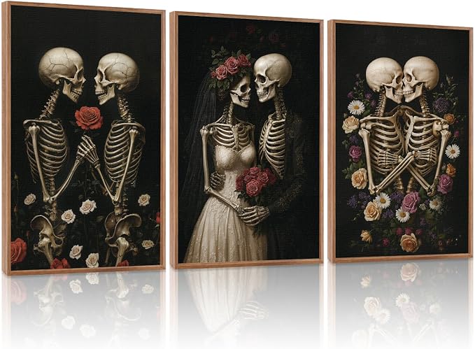 HLNIUC Halloween Rose Wedding Framed Wall Art,Vintage Skeleton Rose Canvas Prints,Abstract Romantic Theme Wall Decor Set of 3(16”x24”)Dark Romance Framed Painting,Roses Skull Art Print for Living Room - skull wall art