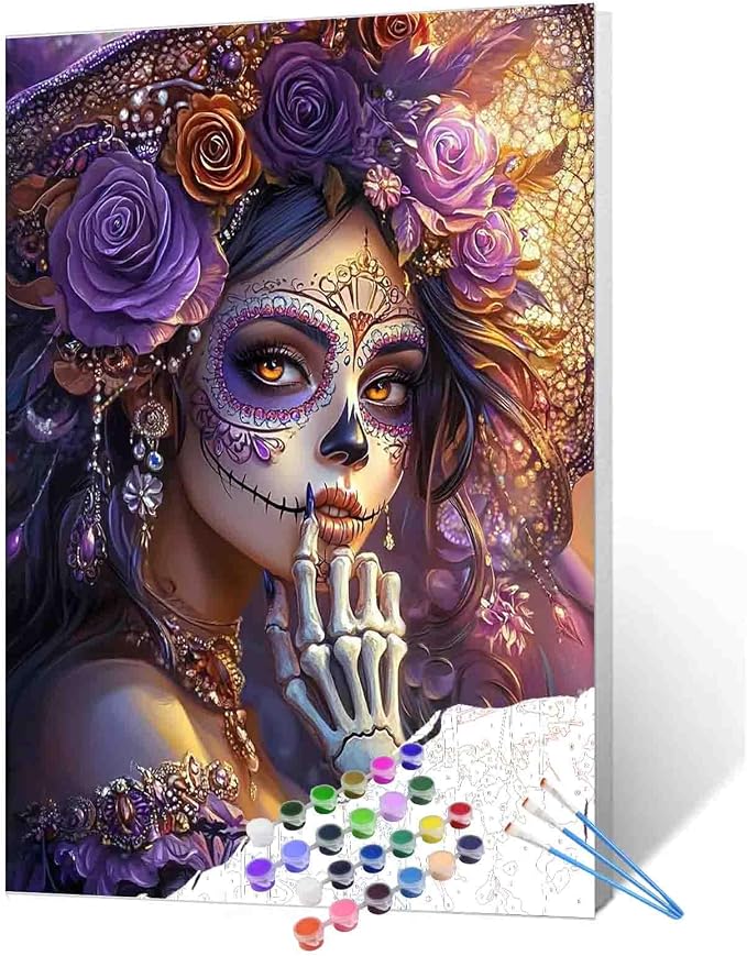 Tucocoo Day of The Dead Fantasy Sugar Skull Woman Paint by Numbers Purple Roses Skeleton Elegant Girl Paint by Number Kit for Adult, with Brushes and Acrylic Pigment 16”W X 20”H （Without Frame）