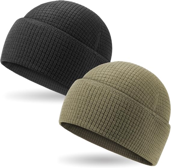 2 Pack Grid Fleece Cuffed Beanie Watch Cap Waffle Tactical Beanie Multi-Season Army Military Fleece Hat, All Weather Gear - skull watch