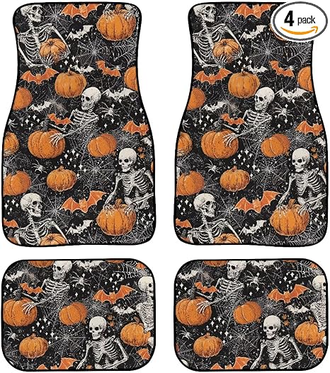 Halloween Skull Pumpkin Bats Car Accessories Auto Floor Mats Set of 4 for Women & Men Vehicle Interior Decoration Front and Rear Floor Mats Heavy Duty Carpet All Season - skull floor mat