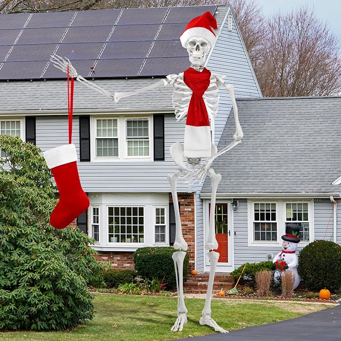Christmas Skeleton Costume, 12 ft Skeleton Clothes Accessories with Santa Hat Scarf & Stocking Storage Bag for Xmas Party Yard Decorations Indoor Outdoor Garden Props - skeleton