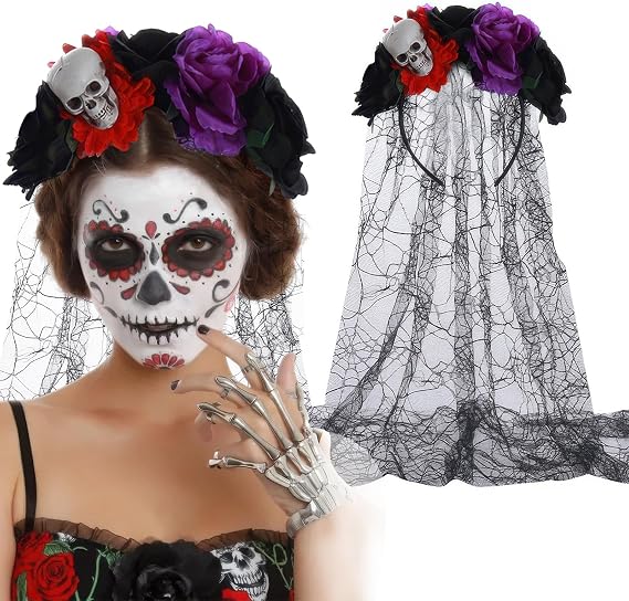 AUOCATTAIL Mexican Skull Flower Veil Headband Day of the Dead Rose Floral Crown Headpiece for Women Girls Halloween Cosplay (Black Purple) - skull headband