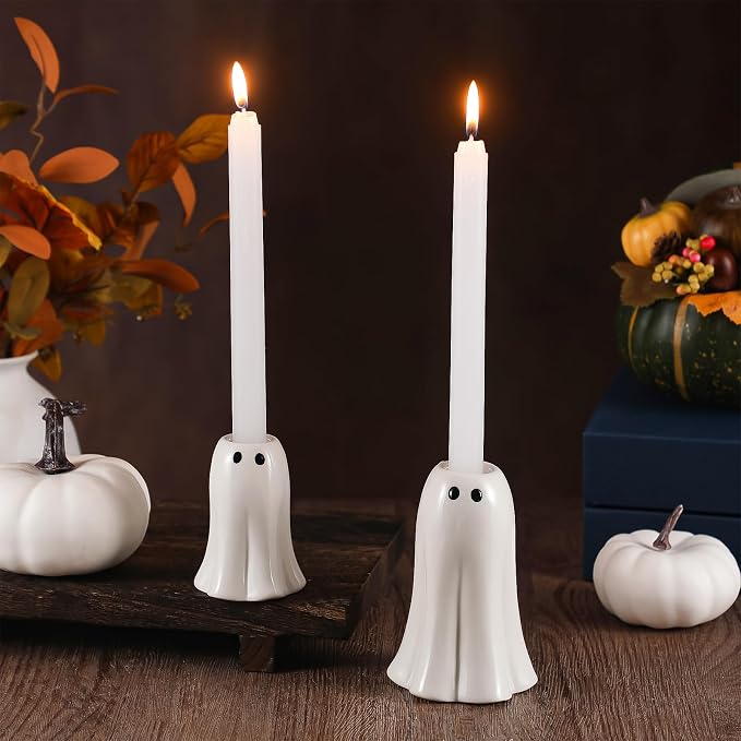 Reallnaive 2 Pcs Halloween Ghost Candlestick, Halloween Taper Candle Holder - skull candle