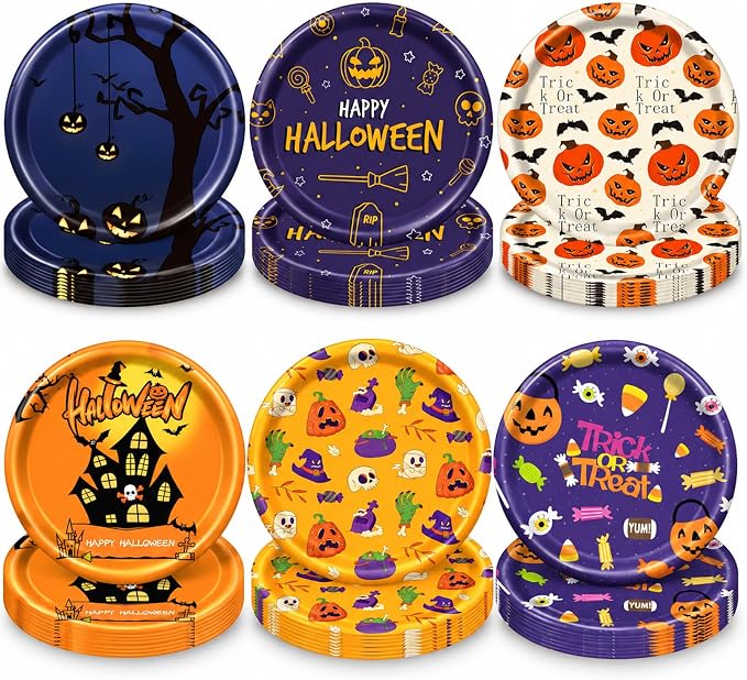 48 PCS Halloween Paper Plates 7 inch, Bat Castle Skull Pumpkin Party Plates Disposable Cake Dessert Plate for Halloween Party Decorations - skull plate