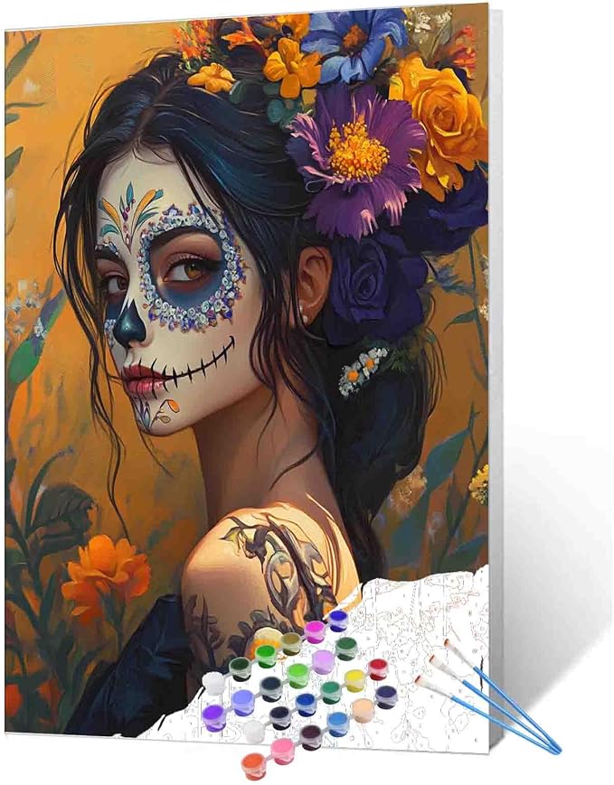 Day Of The Dead Sugar Skull Woman Paint By Number Mexican Festival Girl Floral Makeup Paint By Numbers Kits Adults Beginners Easy Painting Set For Home Decor Gift For Festival 16'' X 20'' (Frameless) - sugar skull makeup
