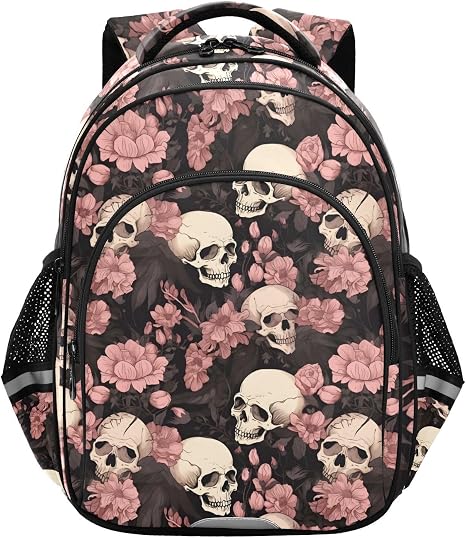 ALAZA Skeleton Skull Pink Flowers Small Backpacks Travel Daypack School Book Bag for Men Women Teens Kids - skull backpack