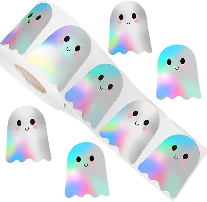 500Pcs Halloween Pholographic Ghost Stickers Rolls 1.2in Laser Ghost Waterproof Decals Iridescent Self-Adhesive Stickers Roll Halloween Party Envelope Scrapbook Decorations - skull sticker