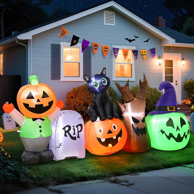 Halloween Inflatables Outdoor Decoration, 8.5ft Pumpkin/Tombstone/Black Cat/Ghost Tree, Cute Blow Up Yard Decor, for Outside Garage Door Graveyard Yard Porch Lawn (8.5ft Pumpkin+Black Cat) - skull inflatable