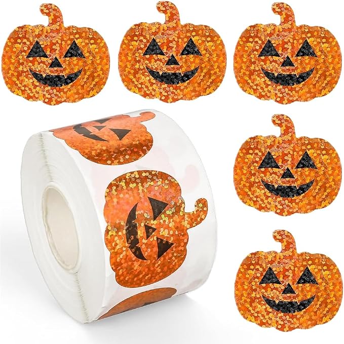 500Pcs Halloween Pumpkin Stickers Roll 1.2in Laser Smiling Pumpkin Shape Waterproof Decals Orange Sparkly Self-Adhesive Stickers Halloween Party Envelope Scrapbook Decorations - skull sticker
