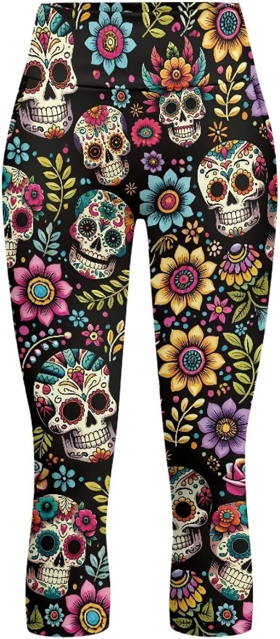 ZFRXIGN Fashion Capri Leggings for Women XS-3XL Yoga Leggings High Waisted Workout Pants with Pockets - skull leggings