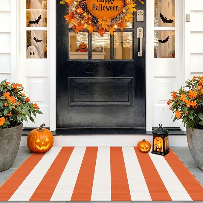 Fall Striped Outdoor Door Mat 27.5x43, Washable, Orange White - skull floor mat
