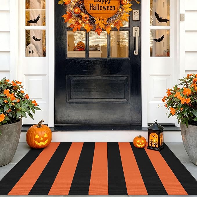 Fall Striped Outdoor Door Mat 27.5x43, Washable, Orange Black - skull door mat