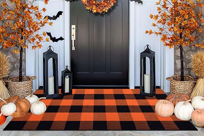 BUAGETUP Orange and Black Outdoor Rug 24″x51″Fall Halloween Front Porch Rug