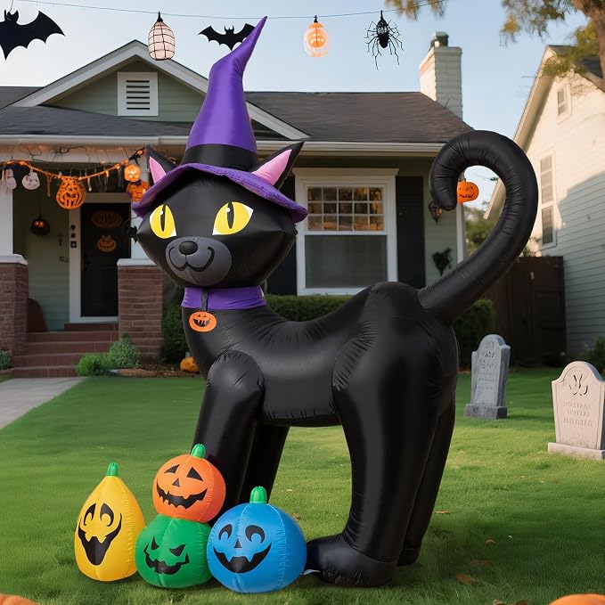 6FT Halloween Inflatable Black Cat with Witch Hat and 4 Colorful Pumpkins, Cute Blow Up Yard Decoration with LED Lights for Lawn, Garden, Balcony, Outdoor Holiday Party Events - skull inflatable
