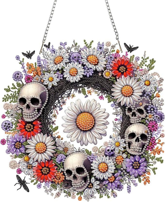SHLUHA Diamond Art Kits for Adults Diamond Art Halloween Skull Wreath Design Special Shape Acrylic Hanging Pendant Crystal Mosaic Home Wall Door Window Decor with Chain Handmade Gift(LG68) - skull wreath
