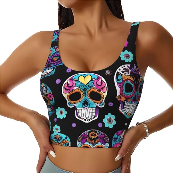 Sugar Skull Print Women'S Sports Bra Tank Tops,Longline Sports Bras For Yoga,Workout And Running - skull tank tops