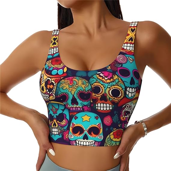 Sugar Skulls Print Women's Sports Bra Tank Tops,Longline Sports Bras for Yoga,Workout and Running - skull tank tops