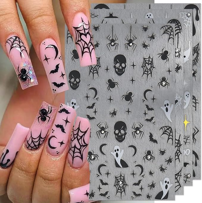 IDDFEVE Halloween Spooky Nail Stickers, 4 Sheets Rhinestone Spider Web Self-Adhesive 3D Nail Art Decals for DIY Black Bat Skull Manicure - skull sticker