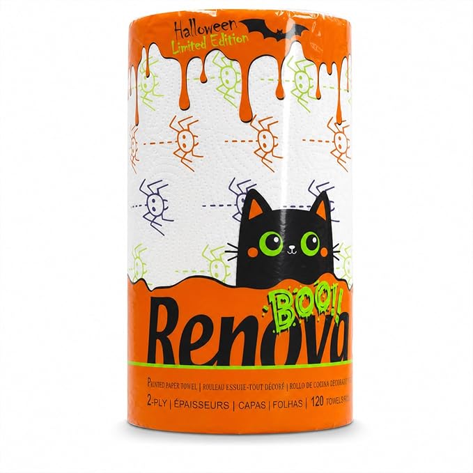 Renova Halloween Limited Edition Paper Towel Roll, 2-Ply, 120 Sheets, Spooky Ghosts or Spiders or Candy Designs - skull toilet paper