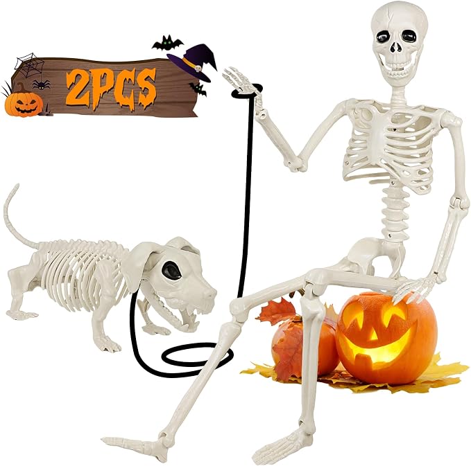 36'' Halloween Skeleton Decorations with Dog Skeleton: 3FT Posable Skeleton - skeleton
