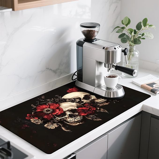 17"x 32" Coffee Bar Mat, Halloween Skull Flower Absorbent Dish Drying Mat Cuttable Hide Stain Draining Table Pad for Kitchen Counter, Coffee Bar Accessories - skull toilet mat