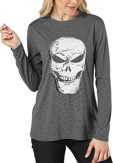 Fioris Womens 2026 Halloween Party Long Sleeve Top - Bold Skull Graphic Cozy Gothic Fall Shirt for Trick-or-Treat & Spooky - skull tshirt