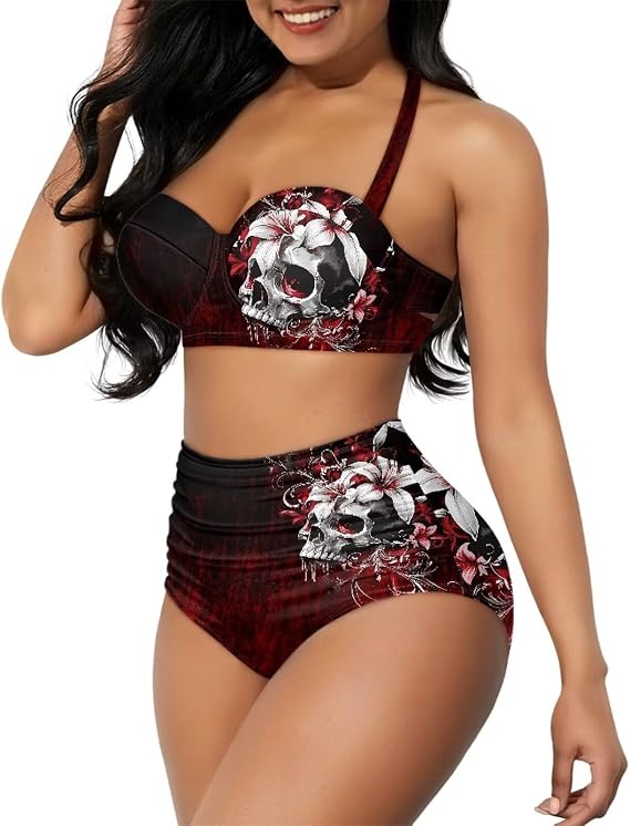 Women's Two Piece Swimsuit Sexy Tummy Control Bikini Sets High Waist Bathing Suits Ruched Ruffle Push Up for Women - skull swimsuit