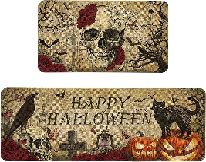 Happy Halloween Kitchen Mats Set of 2 Non Slip Spooky Goth Skeleton Kitchen Rugs Halloween Skull Home Decor Low-Profile Washable Floor Mat 17x47 Inch and 17x29 Inch - skull floor mat