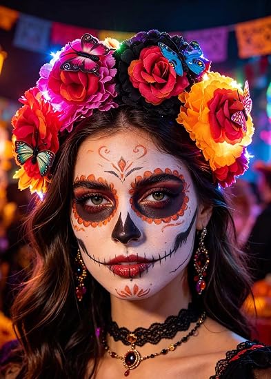 Light Up Flower Headband for Women Day of the Dead Headpiece Halloween Hair Accessories - sugar skull costume