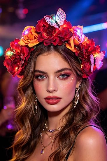 Light Up Flower Headband Day of the Dead Headpiece Halloween Costume Hair Accessories (Red Orange) - skull headband