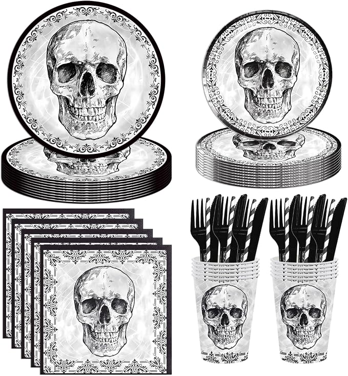 140Pcs Black Skull Birthday Party Decorations for 20 Guests - Halloween Tableware Skull Party Supplies Plates and Napkins Forks Cups Straws for Baby Shower Birthday Decorations - skull plate