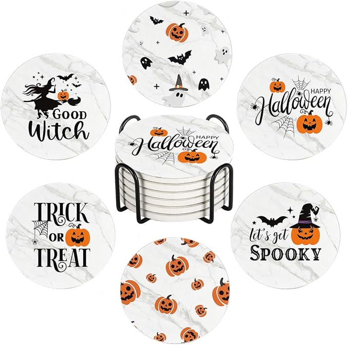 Halloween Drink Absorbent Coasters with Holder Set of 6, Ceramic Stone with Cork Base, White Marble Design with Pumpkin Pattern Coaster for Drinks, Gift for Housewarming Room Bar Home Decor Kitchen - skull coaster