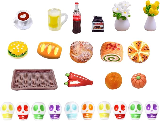 25Pcs Miniature Food Drink Bottles Soda Pop Skulls Flower Vase Mini Mexican Ofrenda Accessories Hamburg Cake Coffee for Day of The Dead - skull figurine