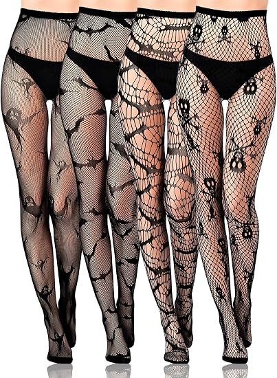 4 Pairs Black Fishnet Stocking, Black Skull Spider Web Star Bat Tights Legging Pantyhose for Women Halloween - skull leggings