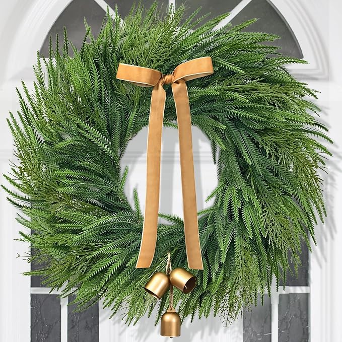 Christmas Wreath with Lights - 26" Real Touch Norfolk Pine Wreath, Large Christmas Wreath with Gold Bell & Bow for Mantle Wall Window Indoor Outdoor Decor - skull wreath