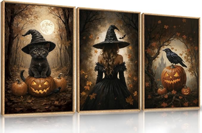 Halloween Spooky Witch Black Cat Raven Framed Canvas Wall Art Set-16″x24″x3