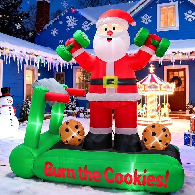7FT Christmas Inflatable Santa Decorations, Santa on Treadmill with Dumbbells, Funny Fitness Santa Outdoor Blow Up Yard Decoration with Built-in LED Lights for Holiday Garden, Lawn, Patio - skull inflatable