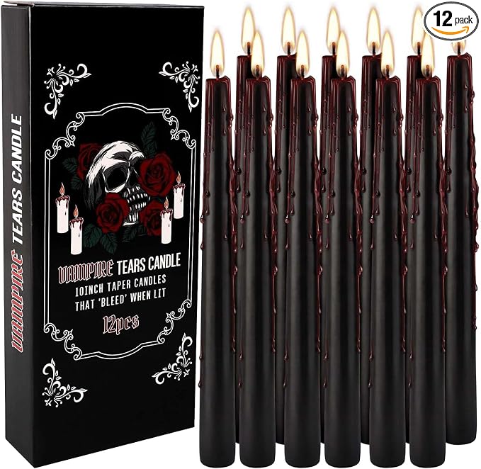 YOROXRG 12PCS 10-Inch Black Bleeding Taper Candles,Vampire Tears Taper Candles- Unscented Ideal for Halloween, Christmas, Rituals, and Themed Party Decor - skull candle