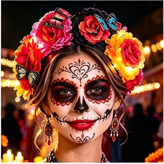 Light Up Rose Flower Headbands Mexican Day of The Dead Floral Crown Headband Halloween Costume Headpiece for Women - skull headband