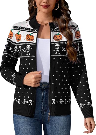 Totatuit Womens Long Sleeve Knitted Zip Up Sweater Cardigans Sweaters Lightweight Zipper Sweatshirts Jacket - skull hoodie