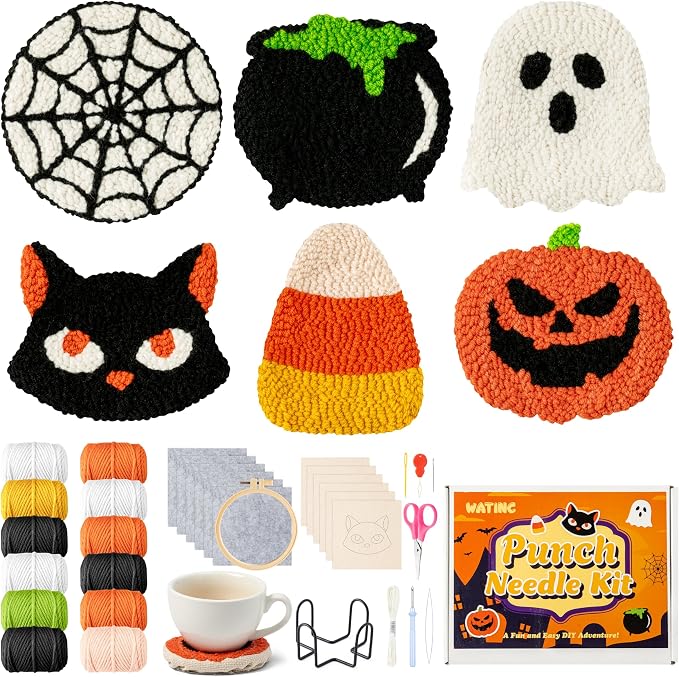 WATINC Halloween Punch Needle Coaster Kits - 23Pcs Easy Art Work Decor Craft Supply for Beginners, DIY Set of 6 Pattern Tufted Pads with Adhesive Felt Yarns Tools Coaster Holder Instruction (Orange) - skull coaster