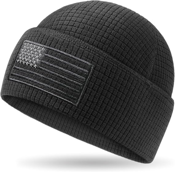 OUTDOOR SHAPING Grid Fleece Cuffed Beanie with American Flag Embroidery Leather, Waffle Tactical Army Police Skull Cap - skull watch
